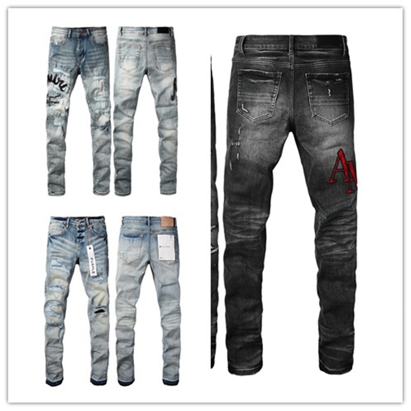High Street Fashion Men's Jeans Vintage Elastic Tight Split Jeans Men's Blue Hole Red Patch Designer Hip Hop Brand Pants Homer28-40