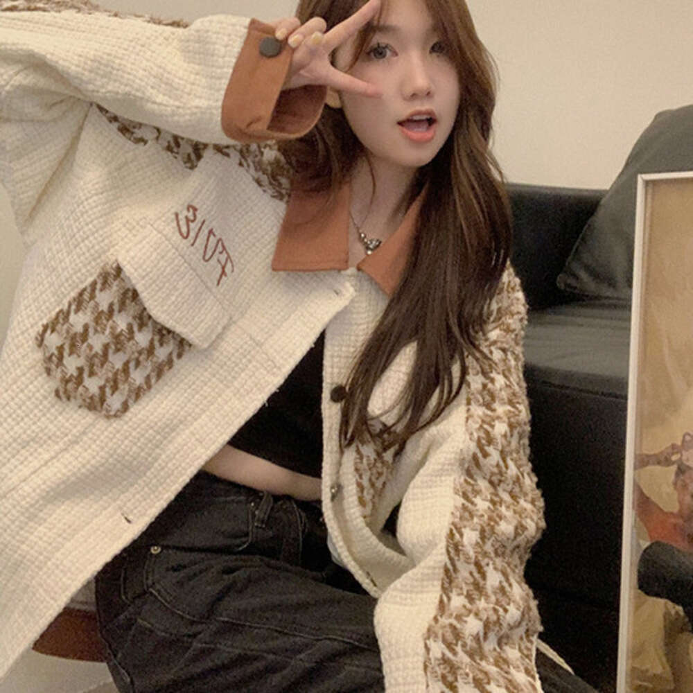 DHEssentials 2025 Long Sleeve Thickened Top Little Chanel Style High-end Houndstooth Color-blocking Baseball Jacket Women's Winter Clothing