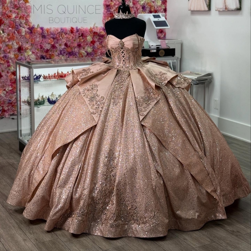 Rose Gold Shiny Ball Gown Quinceanera Dresses Off The Shoulder Applique Lace Beads Corset Tull Party Birthday Sweet 16 Dress Vestidos 15 De Anos