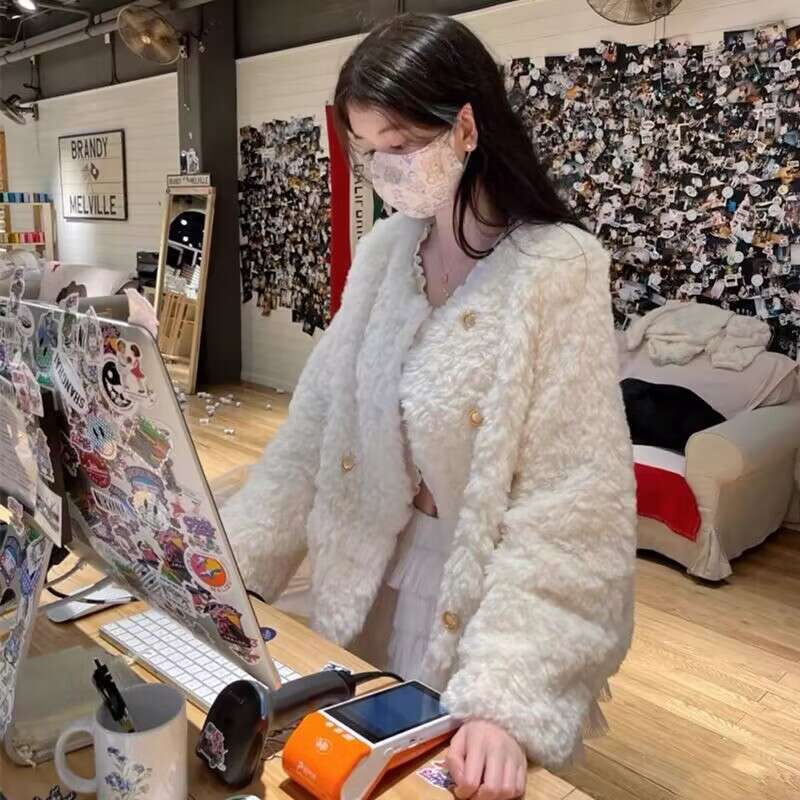 DHEssentials 2025 Winter New Small Fragrance Style Coat Women, Elegant Casual Loose Cotton Padded Double-Breasted Jacket for Petite Figures