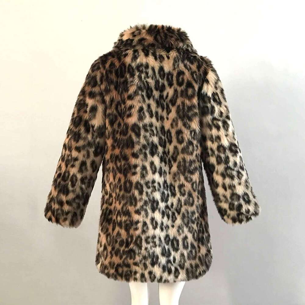 Turn-Down Collar Leopard Print Long Faux Fur Thickened Autumn Winter Mid-Length Coat