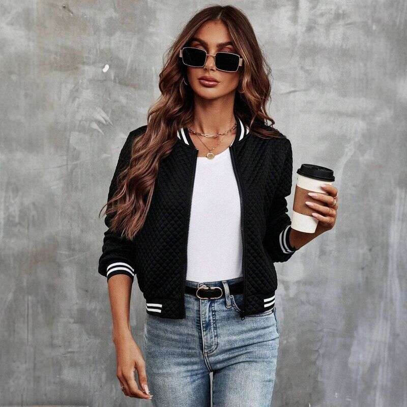 Trendy Zip-Up Baseball Jacket - Polyester & Spandex Blend Casual Outerwear For Women (Black, Striped/Checkered, S-Xxl)"