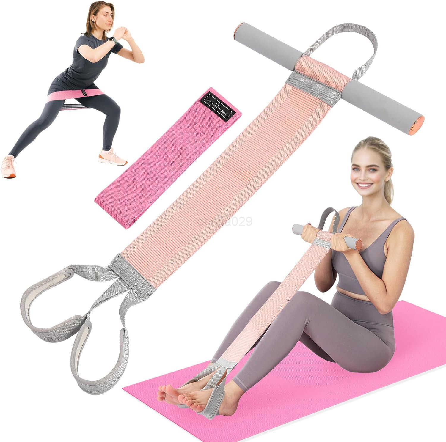 Fitness Resistance Band with Handles NonSlip Pedal 150lb Fabric Exercise Bands Yoga Starter Sets Sit Up Pull Rope for Full Body Strength Training Stre