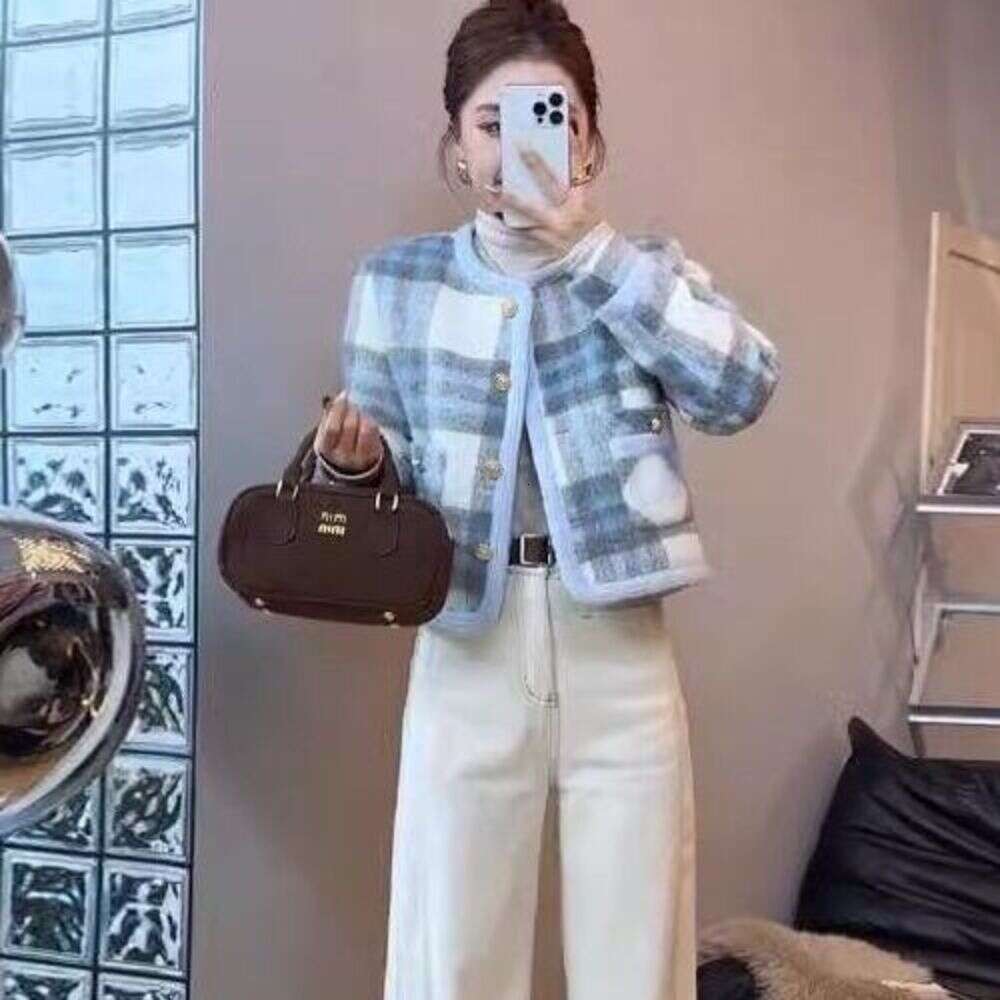 DHEssentials Chanel Style High-End Elegant Socialite Woolen Coat for Women 2025 Autumn Winter Blue Plaid Short Thickened Top
