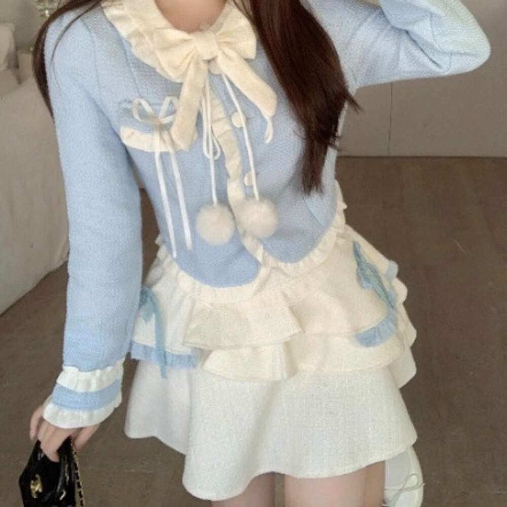 DHEssentials 2025 New Sweet Little Chanel Style Milk Blue Bow Top Puffy Cake Short Skirt Women Autumn Winter Slimming Two-Piece Set