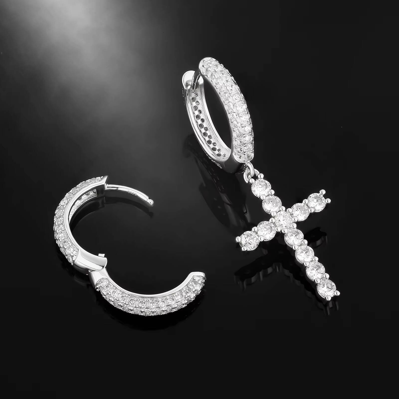 Easter Faith Gift S925 Sterling Silver Cross Earring Men Women Hypoallergenic 15mm Round Hoop Hinged Hanging Stud Dangle Earring