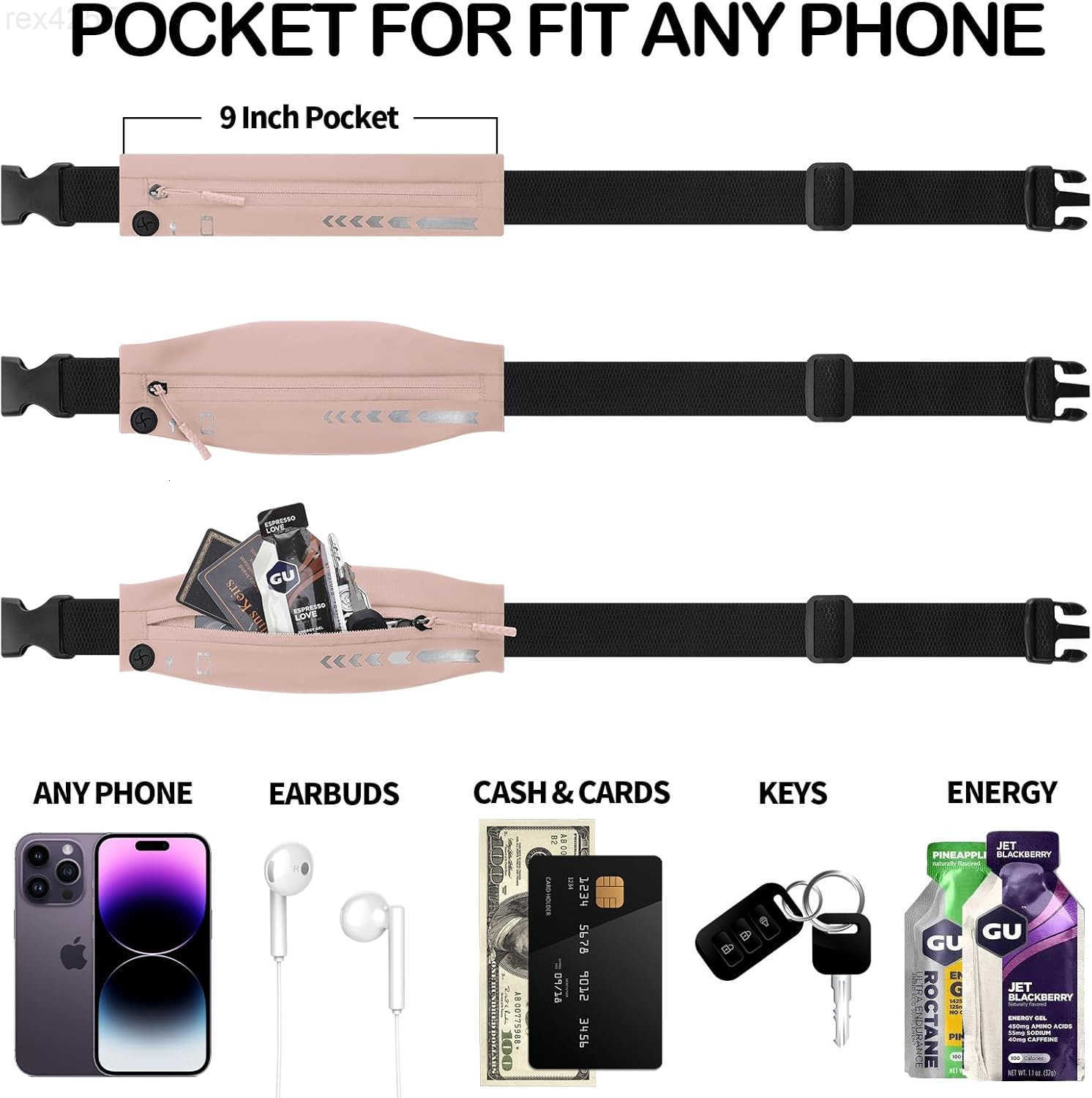 Slim Running Belt for Women MenRunners Phone Holder Fanny Pack Adjustable Bounce Free Waist Pouch bag for Workout Money Belt Run Gear Accessories Pink