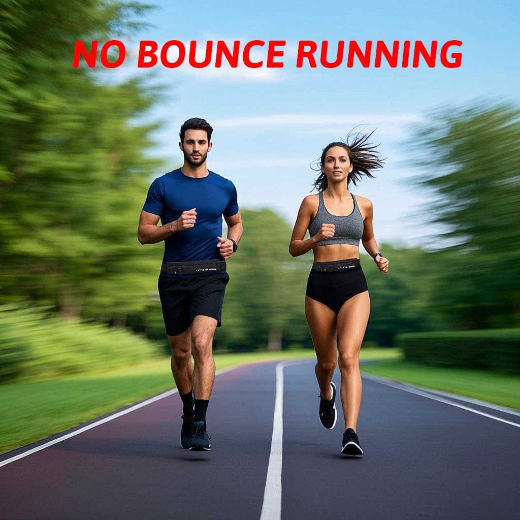 Slim Running Belt for Women MenRunners Phone Holder Fanny Pack Adjustable Bounce Free Waist Pouch bag for Workout Money Belt Run Gear Accessories Blac