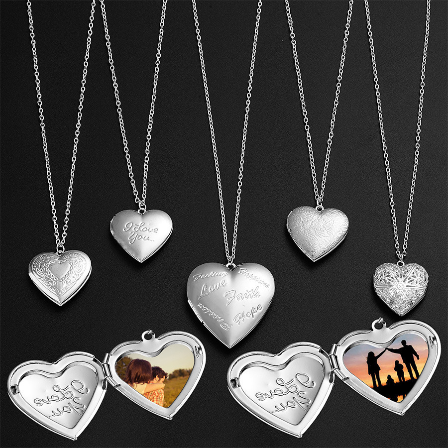 New Carved Peach Heart Openable Frame Box Photo Pendant Necklace for Women Sier Plated
