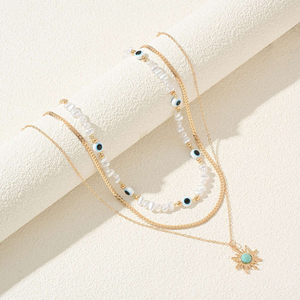 Imitation Pearl Necklace Eight-Pointed Star Layered Pendant for Women High-End Demon Eye Jewelry