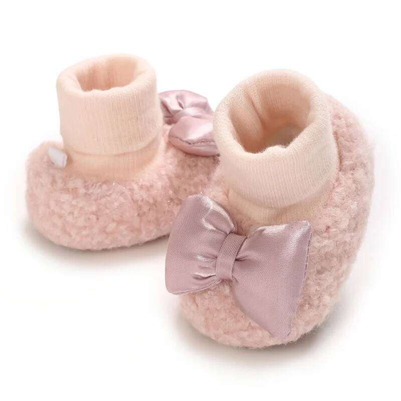 Winter Bow Design Cute Baby Shoes Set for 0-18 Months Girls Cotton Soft Bottom Warm Integrated Socks Female Footwear