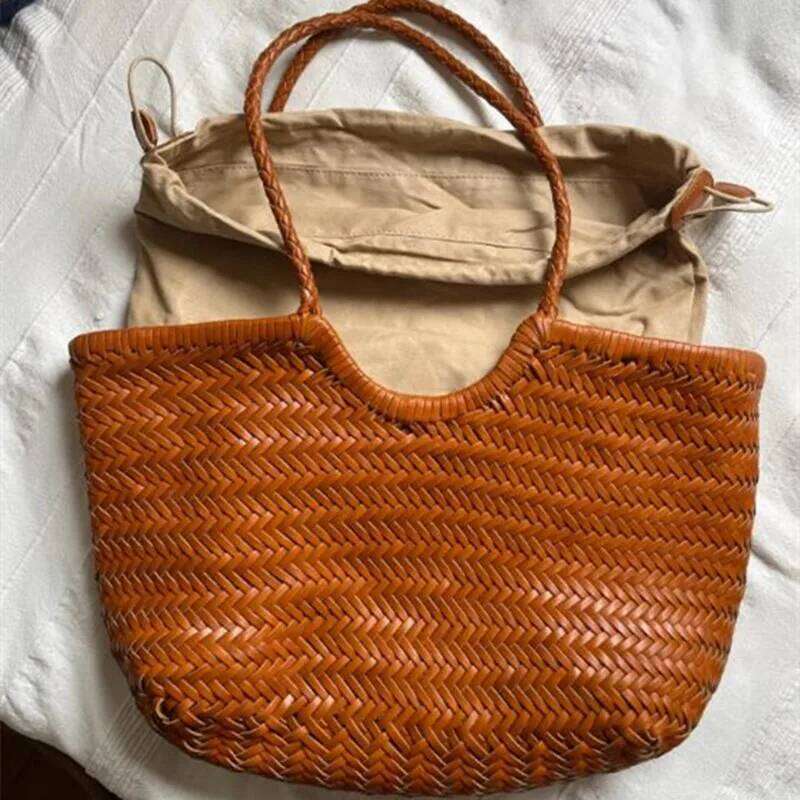100% Natural Cowhide Weave Handbags Hand Designer Genuine Leather Female Totes Vintage Women's Cowskin Lady Large Shopping Bags