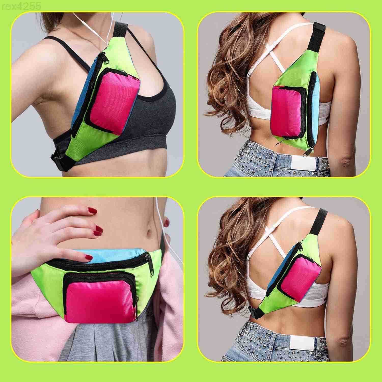 80s Retro Neon Fanny Pack 2 Pockets Belt Bags 90s Costumes for Women Men Waist Packs for Holiday Festival 80s Theme Halloween PartyGreen BottomW250912