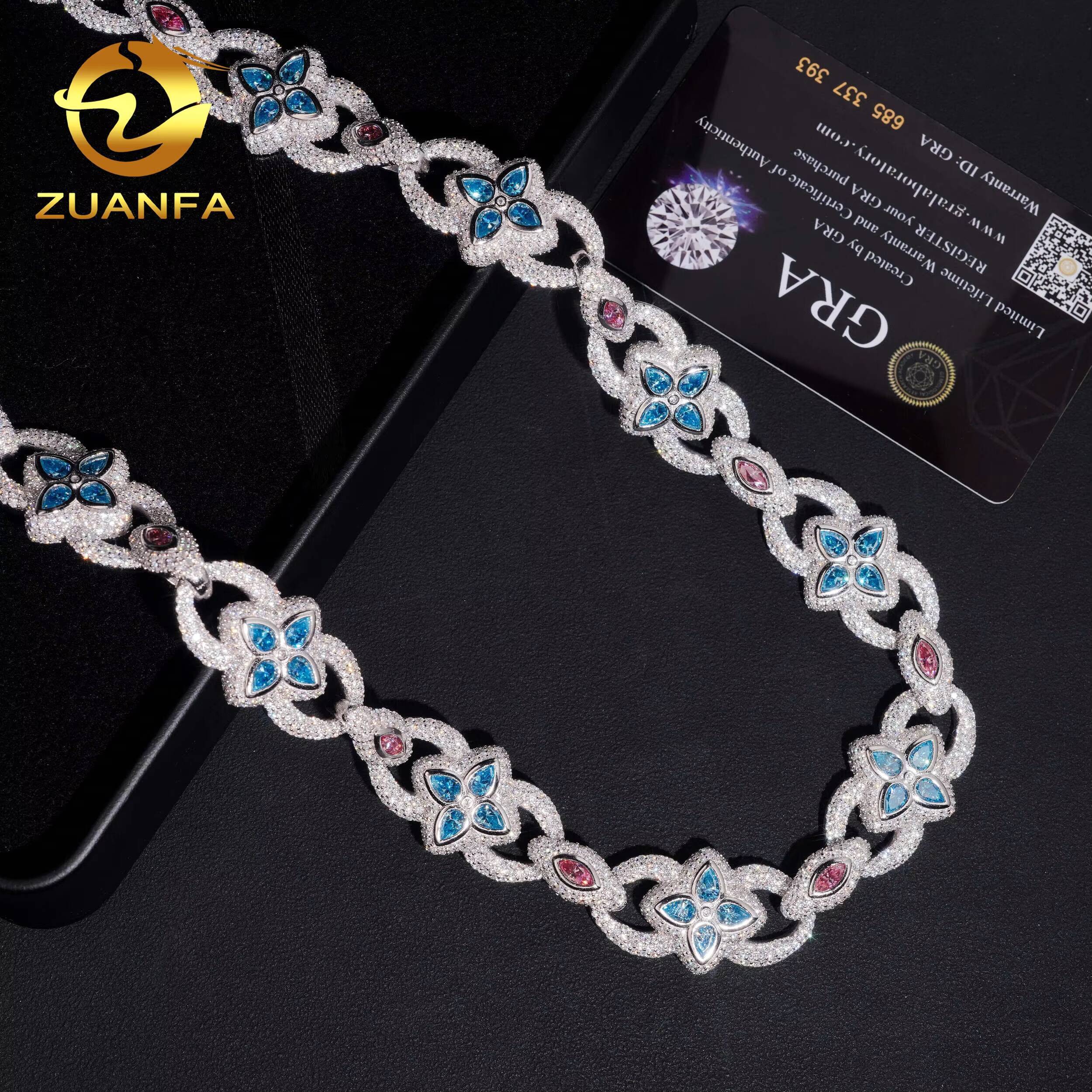Fine Jewelry 925 Sterling Silver Iced Out Hip Hop 20mm Fancy Shape Color VVS Moissanite Link Chain Necklace