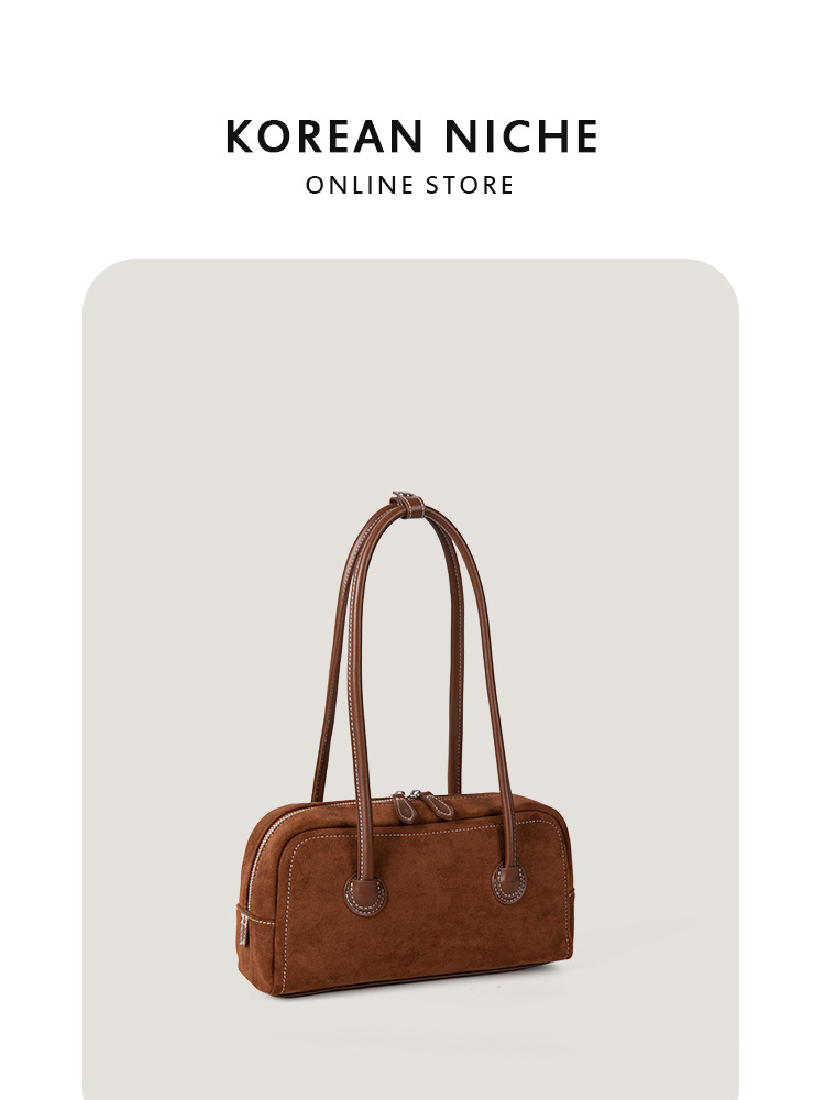 2025 Autumn/Winter New Korean Niche Texture Suede One-Shoulder for Women Retro Minimalist Handbag Boston Bag
