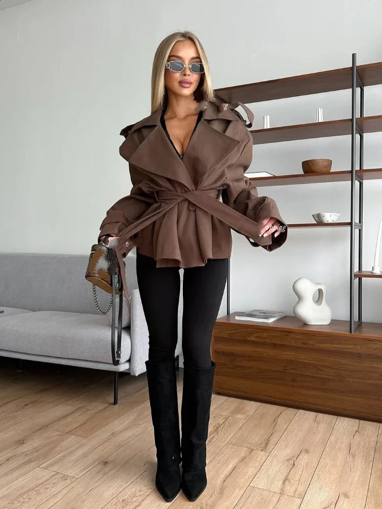Women Lace Up Lapel Short Trench Coat Fashion Solid Waist Cinching Long Sleeve Windbreaker Chic Autumn Lady Outwear 250911