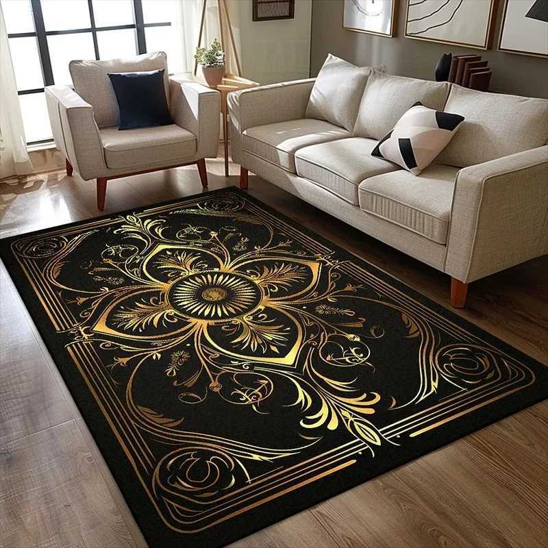 Black Gold Floral Turkish Print Carpet Living Room Sofa Area Rug Home Decor Bedside Area Rug Balcony Kitchen Table Floor Mat C250912