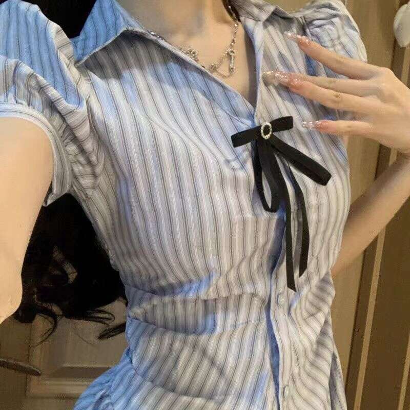 DHEssentials Little Chanel Style Striped Blue for Women Summer Petite Waist Slimming Short Polo Collar Shirt Dress Set