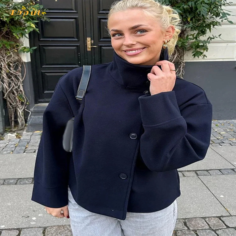 Solid Woolen Blend Casual Coat Women Stand Collar Long Sleeve Single Breasted Fashion Jacket Autumn Lady High Street Outwear 250911