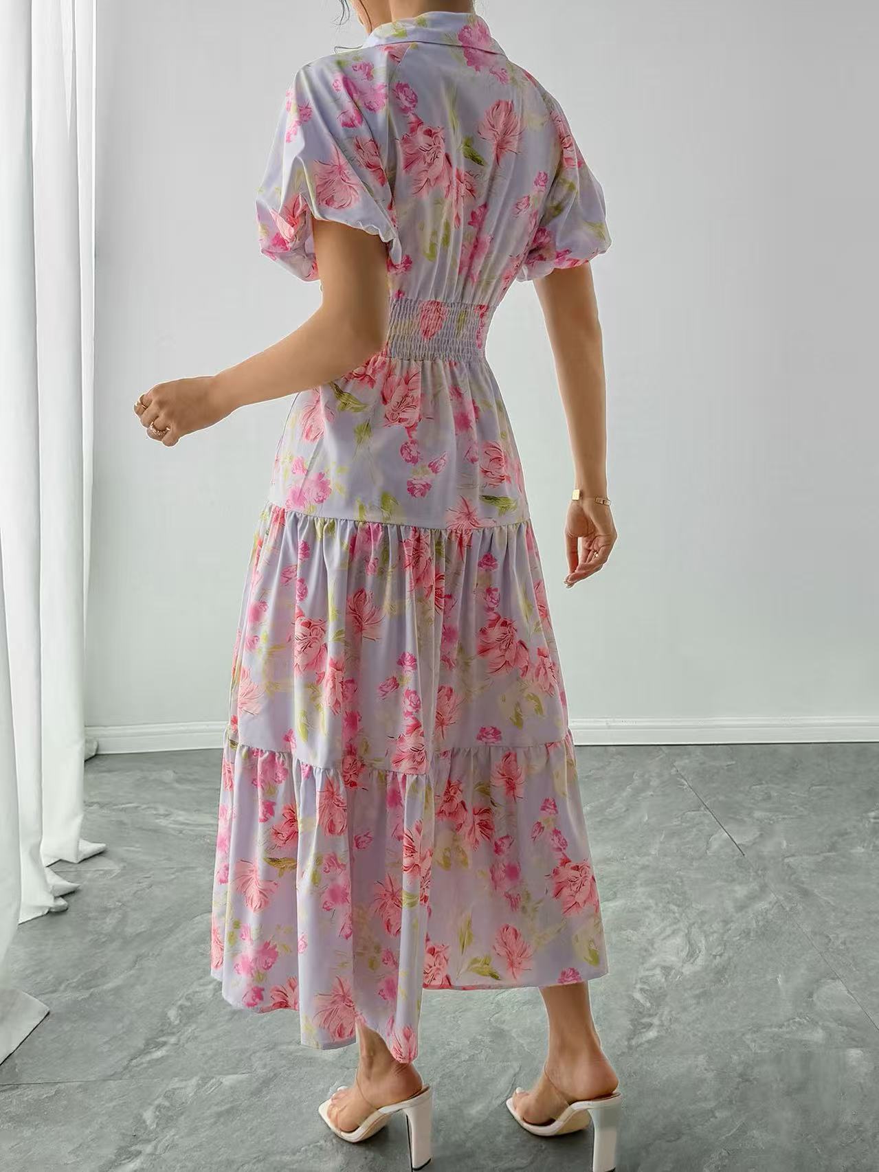 X951New Australian design positioning printing POL collar A-line temperament dress long skirt