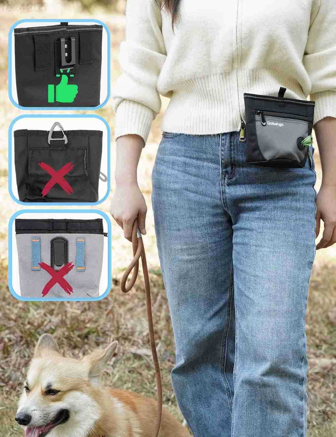 Pouch and Training Clicker Upgrade Two Magnetic Closure to Prevent Spills 2 Cup Treat Bag with Poop Bag Dispenser Metal Clip Waist Belt Fanny Pack for