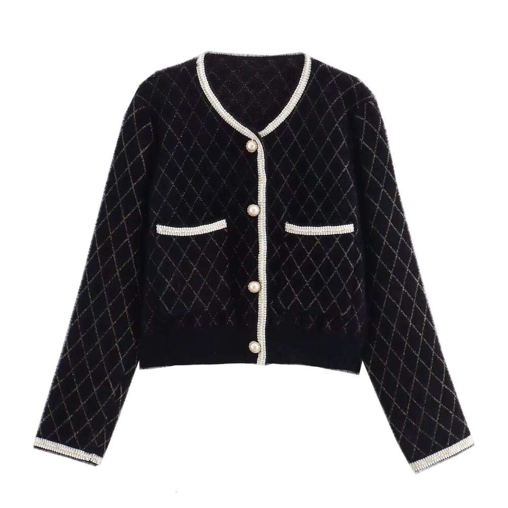 DHEssentials 2025 Autumn New French Style Small Fragrance Diamond Gold Thread Pearl Ribbon V-neck Long Sleeve Knitted Sweater Cardigan