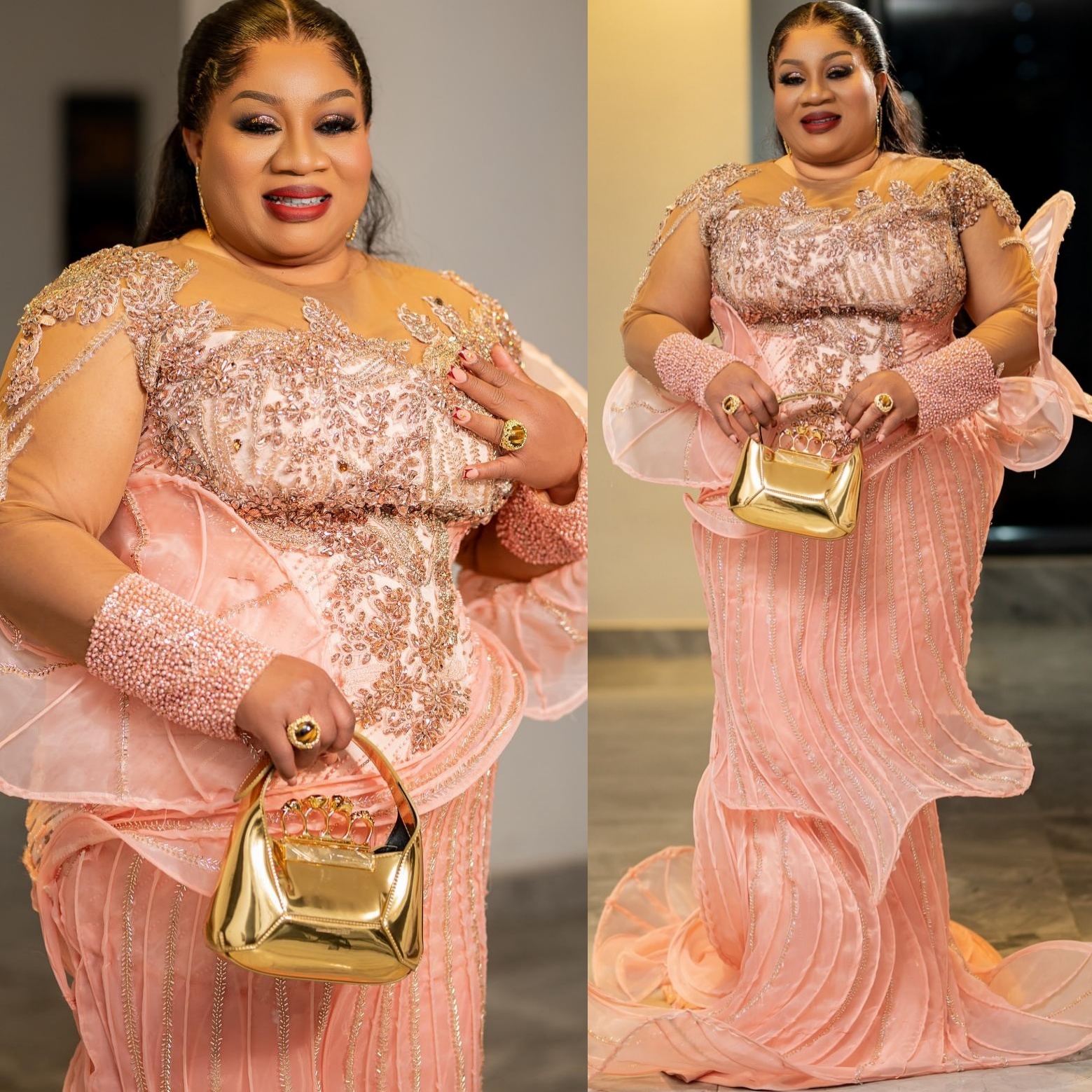 Mermaid Pink Plus Size Prom Dresses 2025 Crystals Full Sleeves Beaded Stylish Evening Formal Party Second Birthday Engagement Gowns Dress For Special 