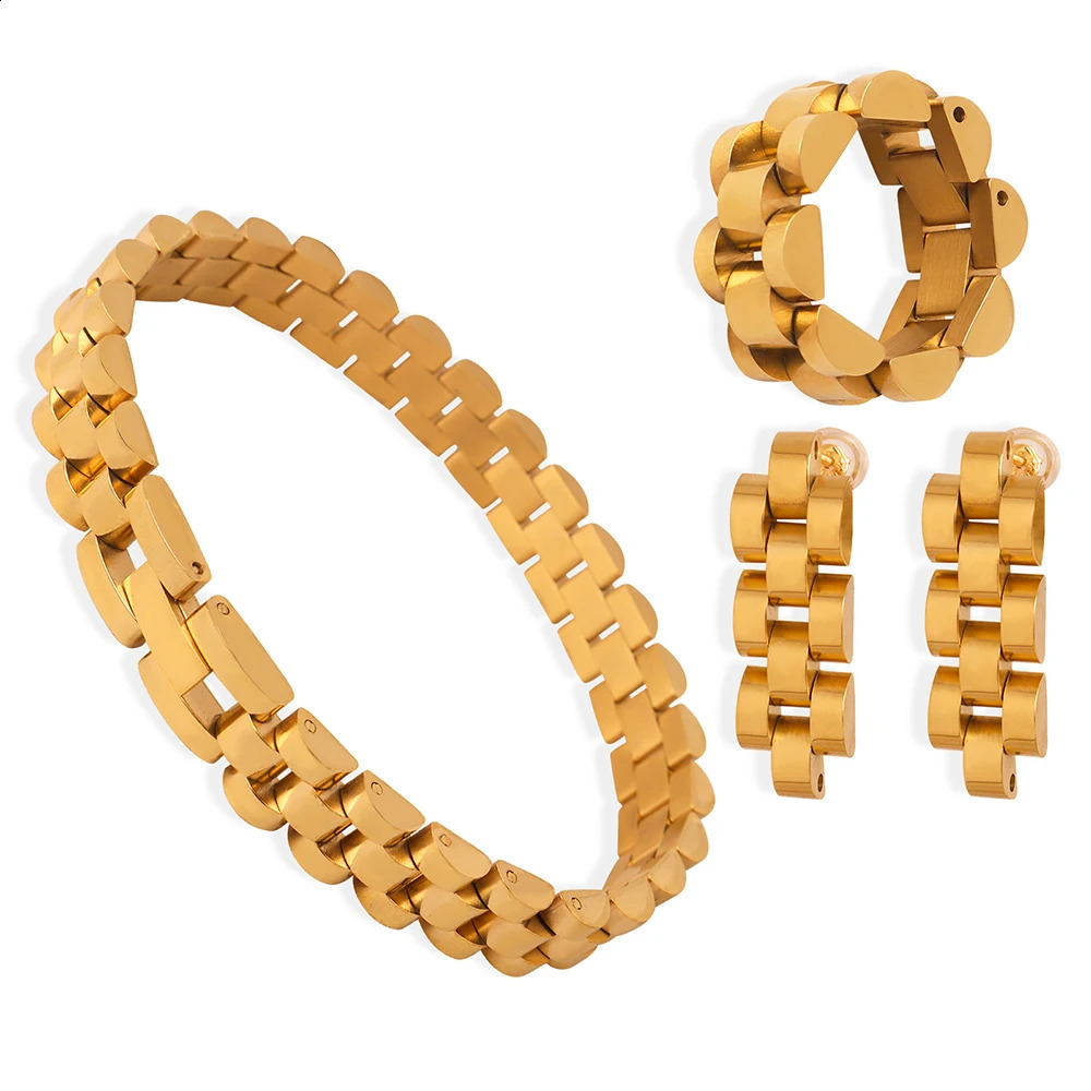 Stainless Steel Bracelet Ring Earrings Set for Women Chain Shape Gold Plated Jewelry Hip Hop Trend Accessories Wholesale 250911