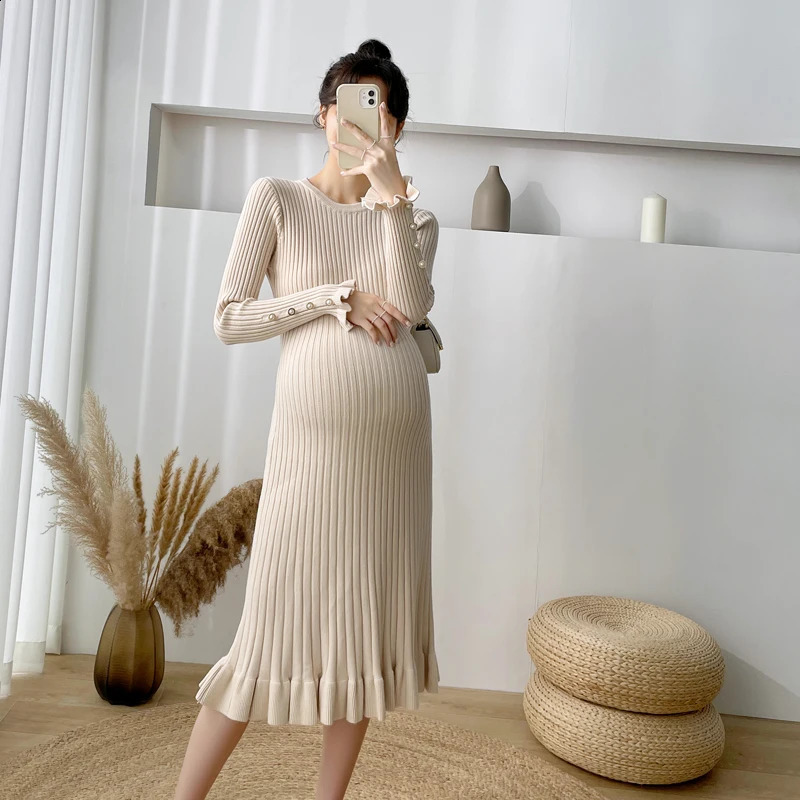 Clothes for Pregnant Women Beading Ruffle Pregnancy Autumn Winter Knitted Maternity Sweaters Chic Ins Elegant A Line Slim Dress 250911