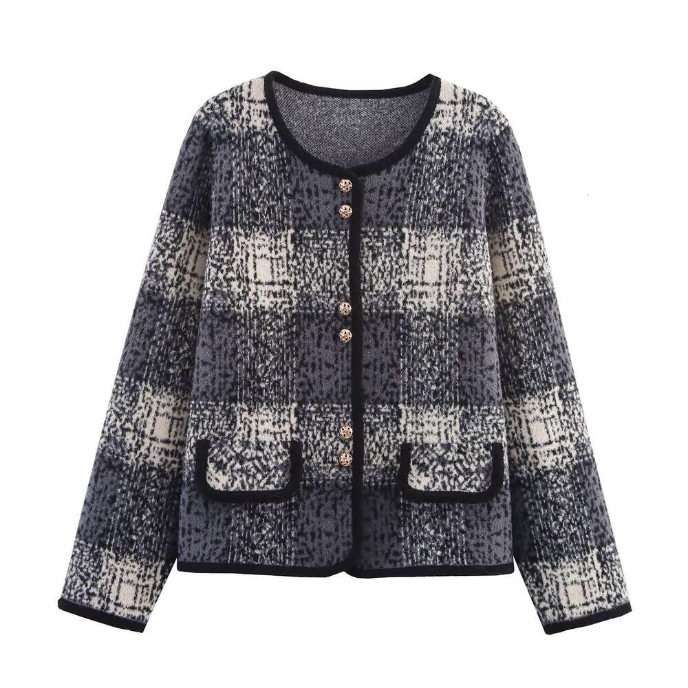 DHEssentials 2025 Autumn New Women's Fashion Small Fragrance Style Round Neck Double Button Plaid Color Block Knitted Long Sleeve Jacket