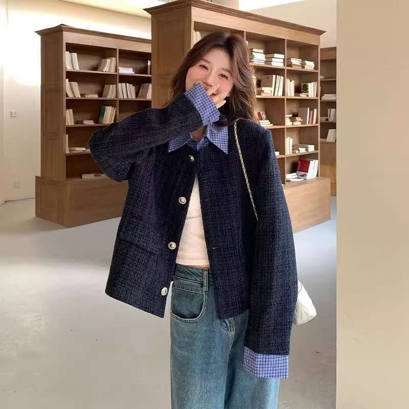 DHEssentials 2025 Autumn New French Socialite Fake Two-Piece Chanel-Style Short Coat for Women with High-End College Style and Elegant Top