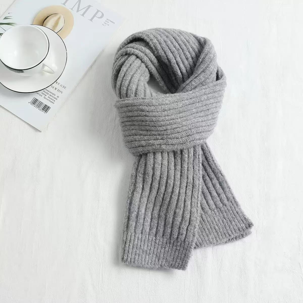 K1890 Wholesale Chunky Knit Scarf Grey - Couples Unisex Wool Blend Scarf, Winter Warm Thick Shawl Scarf Supplier