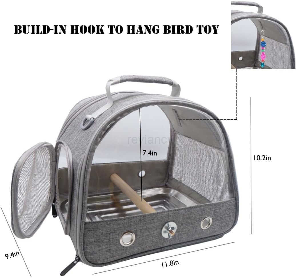 Bird Travel Carrier with Stand Perch and Stainless TrayPortable Small Bird Parrot Parakeet Cockatiel Carrier for HikingAirline Approved GreyW250912