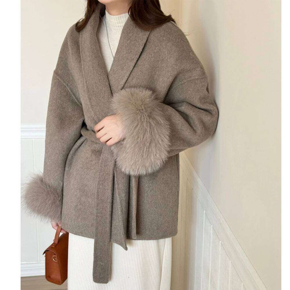 Dresses 2023 Autumn Wool Coats Fox Fur Drouble Face Wooen Regular Length Women Elegant Woolen Coat Veste Femme Tops New