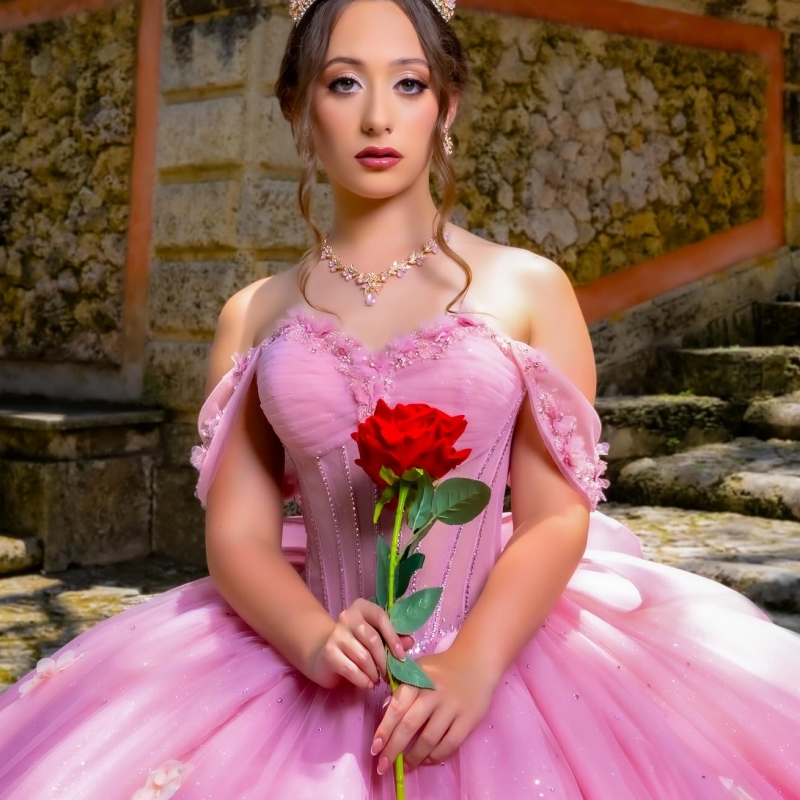 Pink Shiny Ball Gown Quinceanera Dresses Off The Shoulder Applique Flower Beads Corset Tull Party Birthday Sweet 16 Dress Vestidos 15 De Anos