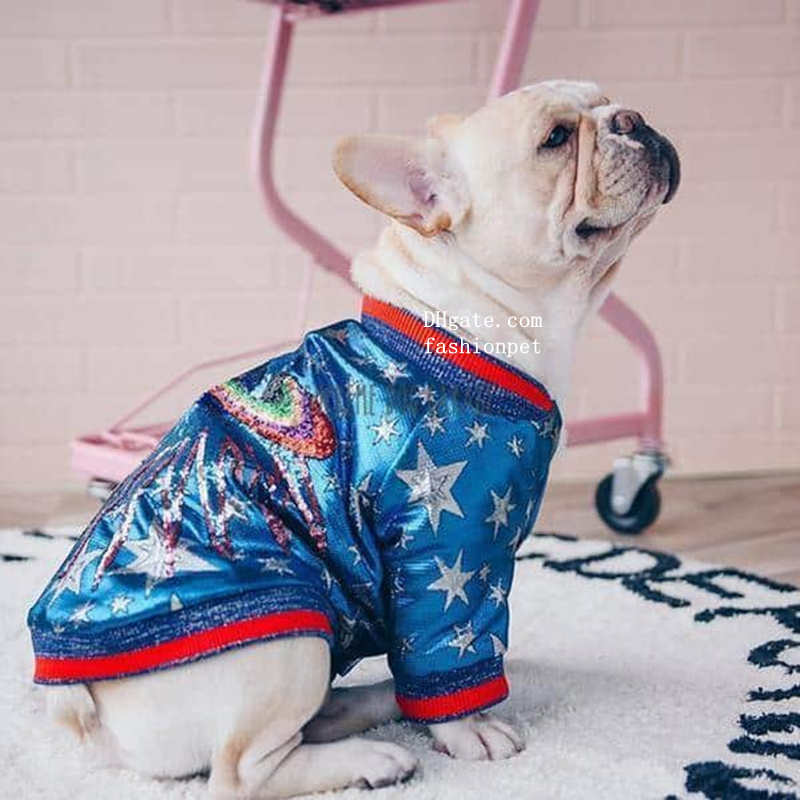 Designer Dog Clothes Superstar Retro Blue Dog Bomber Jacket, Snap Closure, Thick & Warm, 5 Sizes (S-XL) for Dogs 3-20kg, Ideal for French Bulldogs & A