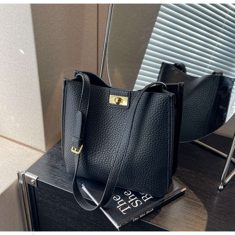 Fashion Simple Lychee Pattern Bucket Designer Bags Korean Style Versatile Commuter Women's Casual Shoulder Crossbody Bag