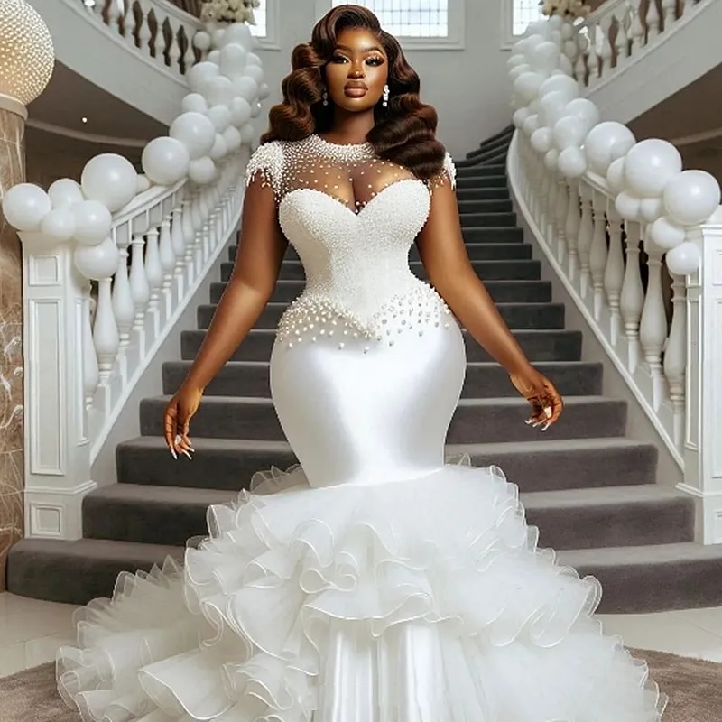 Arabic Aso Ebi Mermaid Wedding Dresses Long Luxurious Pearls Beaded Wedding Gowns Ruffles African Bride Dress Capped Sleeves Jewel Neck Vestidos De No