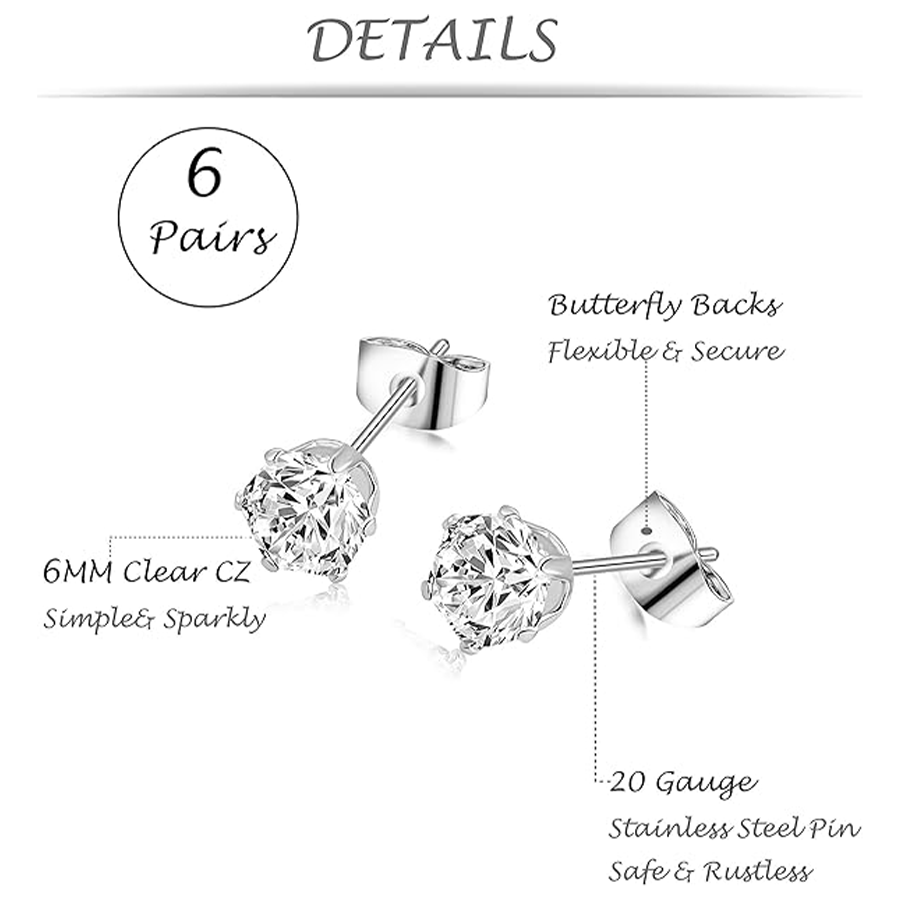 6 Pairs Stainless Steel Stud Earrings CZ Ball Earring Set For Men Women 6MM Silver Tone