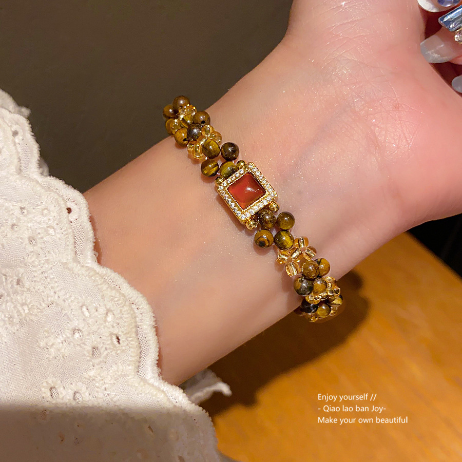 Gold - Toned Bracelet With Tiger Eye Beads And Red Gemstone Rhinestone Accent Delicate Daily & Trendy Jewelry Gift For Her Unique And Stylish Accessor