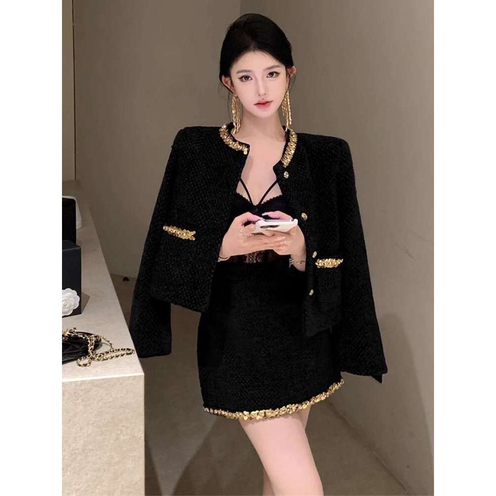 DHEssentials Chanel Suit 2025 New French Style Rich Lady Socialite Black Sequin Wool Blazer Women Autumn Winter