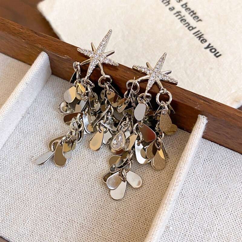 Eight-Pointed Zircon Shining Star Two-Way Wear Tassel Earrings Exaggerated Ear Jewelry