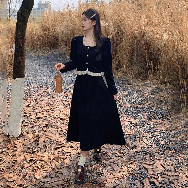 DHEssentials Two-Piece Set Corduroy Fleece-Lined Chanel-Style Ruffled Top Coat High-Waisted Skirt