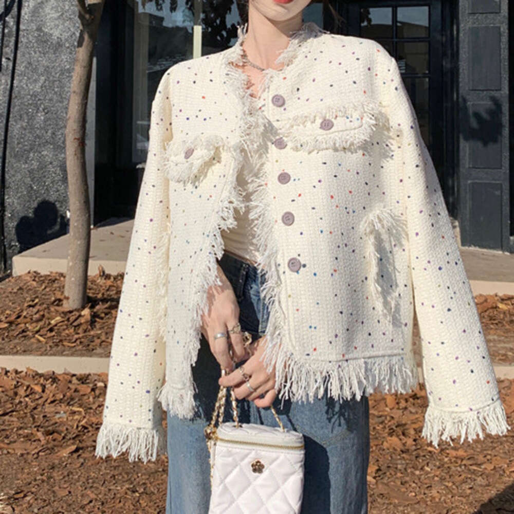DHEssentials 2024 Season New Small Fragrance Style Women's Jacket Autumn Design Colorful Polka Dot Tassel Loose High-end Long Sleeve Top