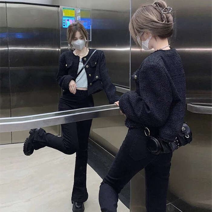 DHEssentials Black Chanel-Style Jacket for Women 2025 Spring and Autumn New French Style High-End Socialite Petite Slim-Fit Short Coat