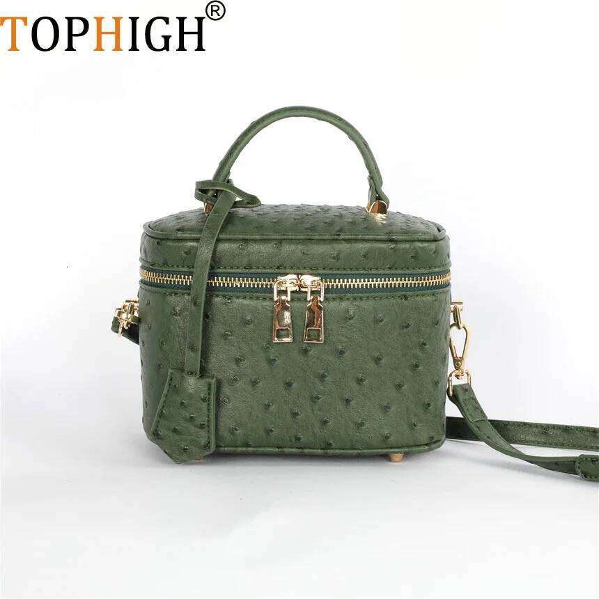TOPHIGH Custom Design Round Green Ostrich Leather Box For Women 2025 Retro Bucket Tote Bag Snake Pattern Boxes Handbag