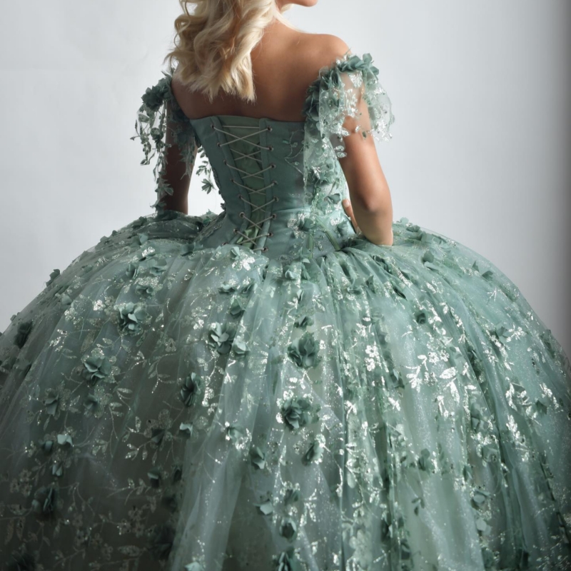 Mint Green Shiny Ball Gown Quinceanera Dresses Off The Shoulder Sequin Applique Flower Beads Party Birthday Sweet 16 Dress Vestidos 15 De Anos