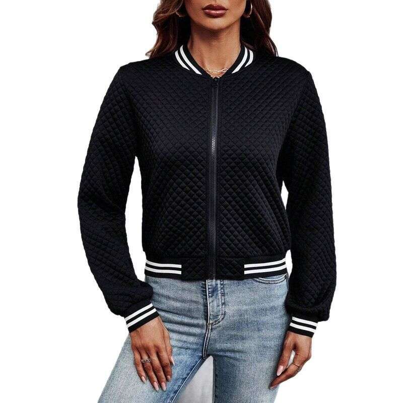 Trendy Zip-Up Baseball Jacket - Polyester & Spandex Blend Casual Outerwear For Women (Black, Striped/Checkered, S-Xxl)"