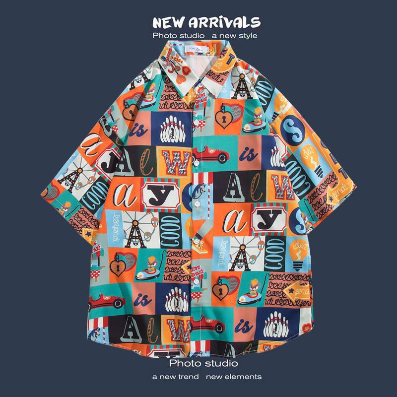 Summer Wei-style short-sleeved floral shirt beach set, outdoor travel couple style casual loose coat