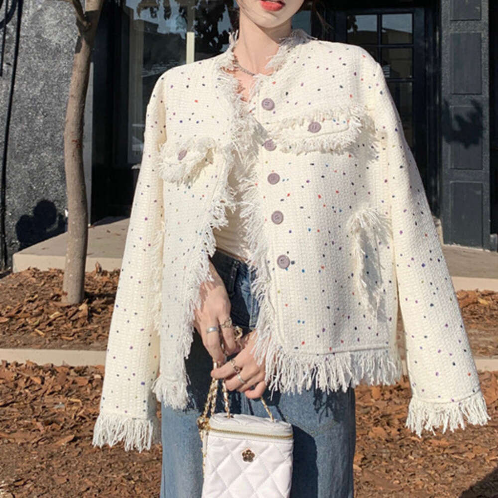 DHEssentials 2024 Season New Small Fragrance Style Women's Jacket Autumn Design Colorful Polka Dot Tassel Loose High-end Long Sleeve Top